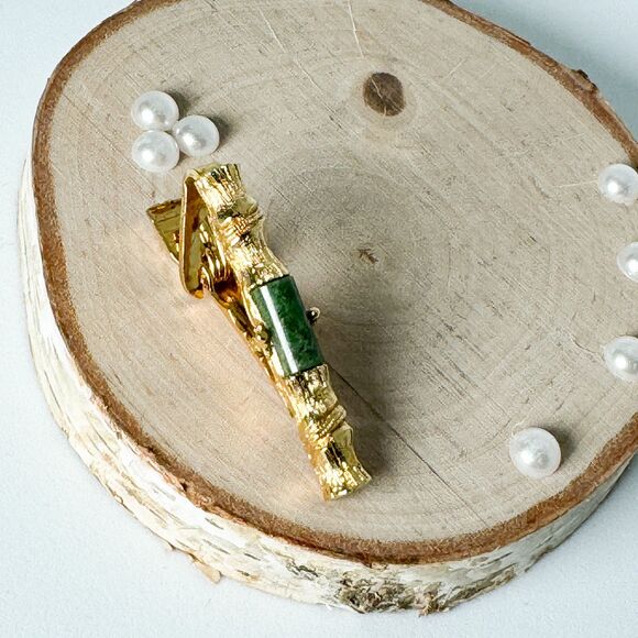 Vintage Jade Cufflinks Tie Clip Set Gold Tone Elegant Wedding Men Bamboo Asian - Picture 8 of 14